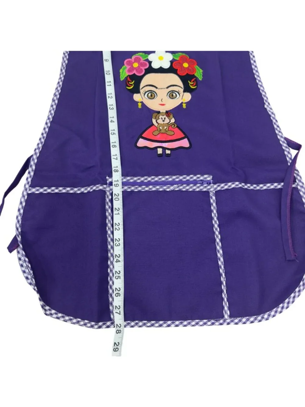 Apron Women Purple Embroidered Frida Design Front Pocket Gingham Trim One Size